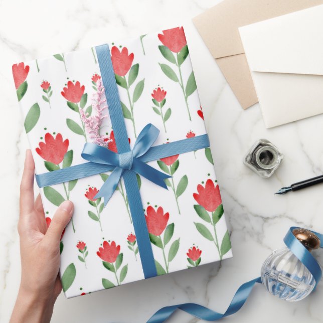 Red Watercolor Abstract Flower Pattern Wrapping Paper (Gifting)