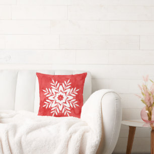 Red Watercolor Abstract Snowflake Cushion