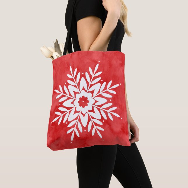 Red Watercolor Abstract Snowflake Tote Bag (Close Up)