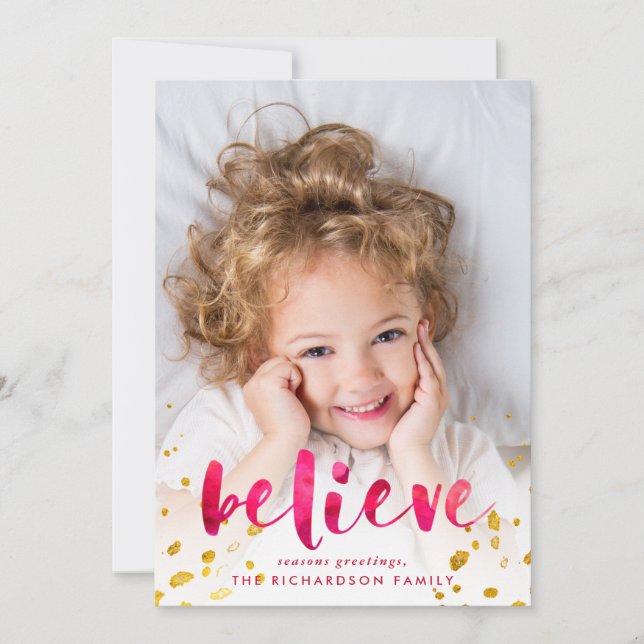 Red Watercolor and Gold Believe | Photo Holiday Card (Front)