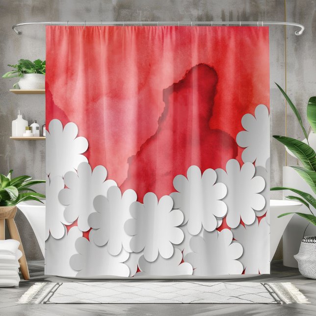 Red Watercolor and White Flowers Shower Curtain (Creator Uploaded)