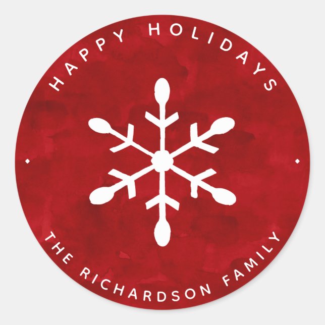 Red Watercolor and White Snowflake | Christmas Classic Round Sticker (Front)