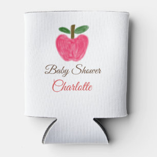 Red Watercolor apple baby shower add name title Can Cooler