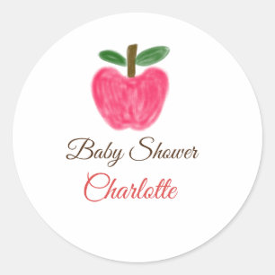 Red Watercolor apple baby shower add name title Classic Round Sticker