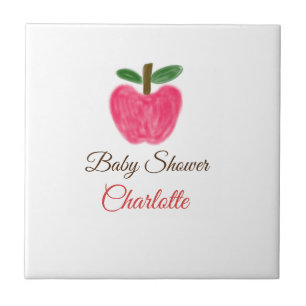 Red Watercolor apple baby shower add name title Tile