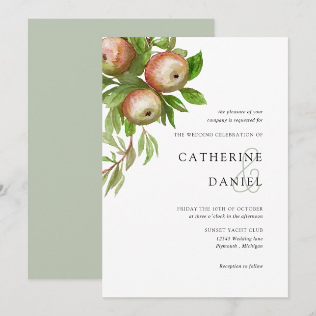 red watercolor apples wedding invitation (Front/Back)