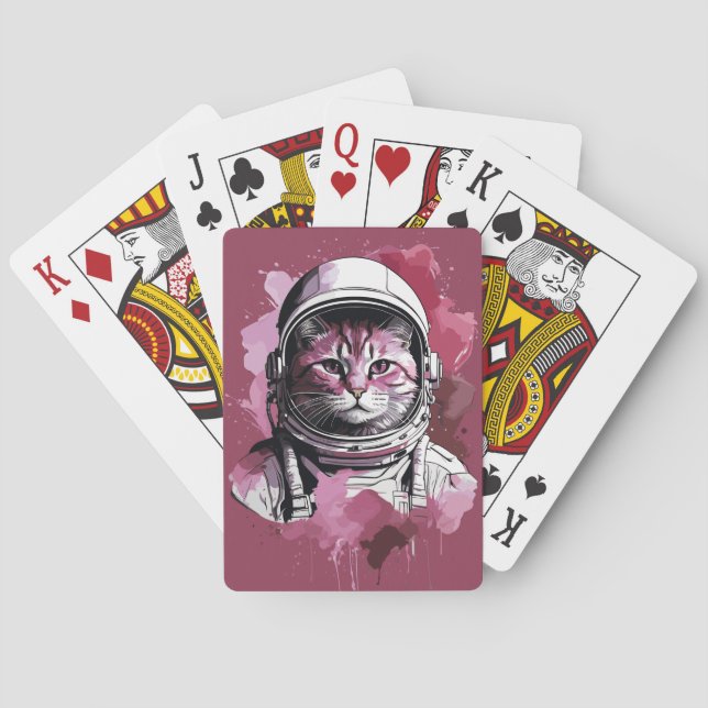 Red Watercolor Astronaut Cat Playing Cards (Back)
