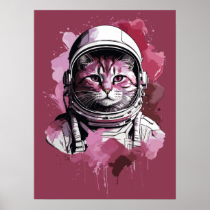 Red Watercolor Astronaut Cat Poster
