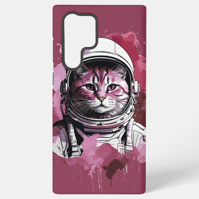 Red Watercolor Astronaut Cat Samsung Galaxy S22 Ultra Case (Back)