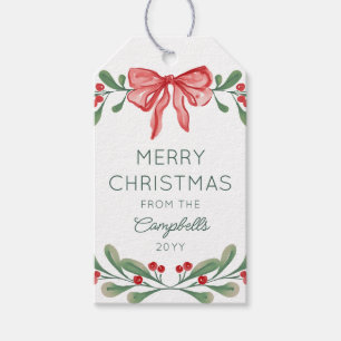 Red Watercolor Berries Bow Merry Christmas Gift Tags