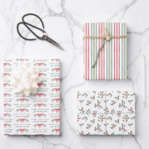 Red Watercolor Berries Bow Merry Christmas Wrapping Paper Sheet