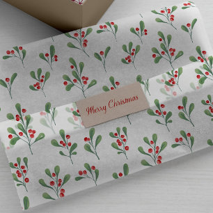 Red Watercolor Berries Greenery Pattern Christmas Tissue Paper