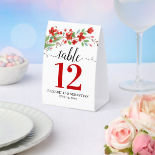 Red Watercolor Blossoms Boho Wedding Table Number