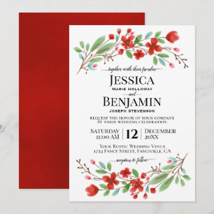 Red Watercolor Blossoms Elegant Boho Chic Wedding Invitation