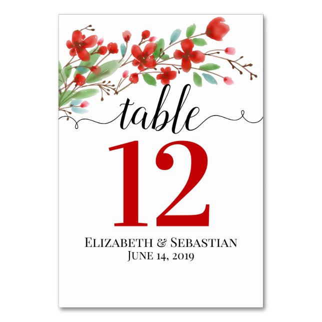Red Watercolor Blossoms Elegant Boho Wedding Table Number (Back)