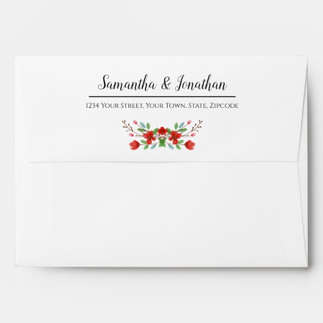 Red Watercolor Blossoms Elegant Wedding Envelope (Back (Top Flap))