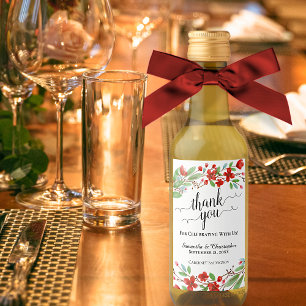 Red Watercolor Blossoms Thank You Wedding Mini Wine Label