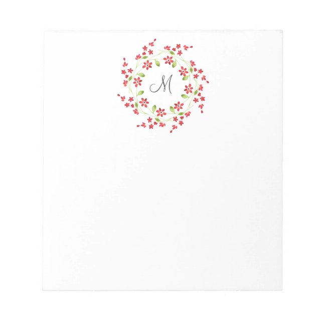 Red Watercolor Blossoms Wreath Notepad (Front)