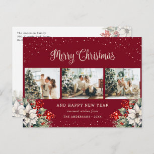 Red Watercolor Botanical Snow Photo Collage Holiday Postcard