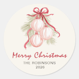 Red Watercolor Bow Ornament Greenery Christmas Classic Round Sticker
