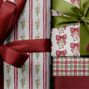 Red Watercolor Bow Sprigs Stripes Christmas Wrapping Paper Sheet