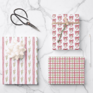 Red Watercolor Bow Sprigs Stripes Christmas Wrapping Paper Sheet