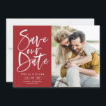Red Watercolor Brush Calligraphy Photo Save The Date<br><div class="desc">Red Watercolor Brush Calligraphy Photo Save Our Date Card | Announce to family and friends your wedding date with this customisable save the date flat card. It features hand-lettered modern calligraphy on a red background. This stylish photo save the date card is perfect for any wedding season and theme. Other...</div>