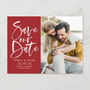 Red Watercolor Brush Calligraphy Save Our Date Announcement Postcard