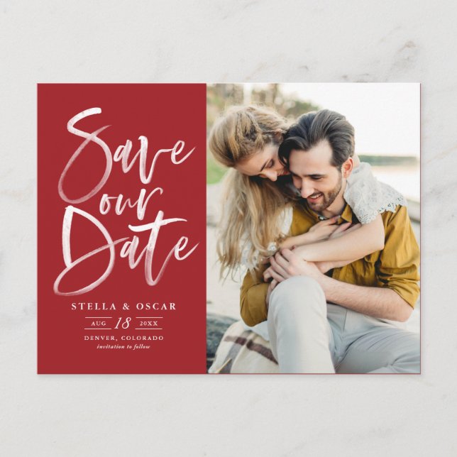 Red Watercolor Brush Calligraphy Save Our Date Announcement Postcard (Front)