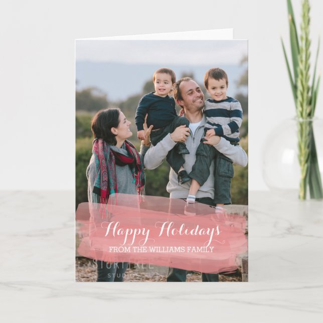 Red Watercolor Brushstroke Holiday Photo Card (Front)