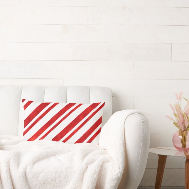 Red Watercolor Candy Cane Stripes Lumbar Cushion (Couch)