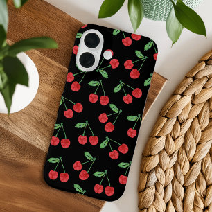 Red Watercolor Cherry Fruit Pattern Black iPhone 16 Case