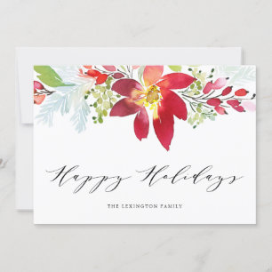 Red Watercolor Christmas Floral Garland Happy Holiday Card