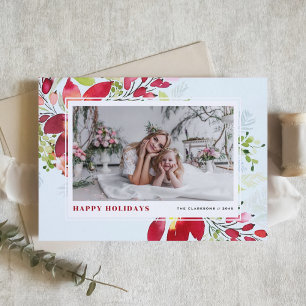 Red Watercolor Christmas Florals Photo Happy Holiday Card