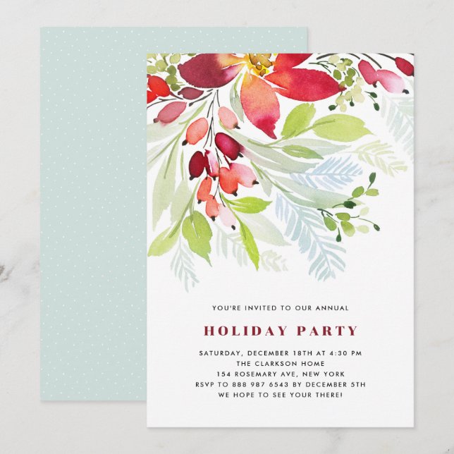 Red Watercolor Christmas Flowers Holiday Party Invitation (Front/Back)