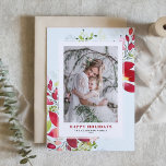 Red Watercolor Christmas Flowers Photo Holiday Card<br><div class="desc">Happy holidays! Send holiday cheer and wishes to family and friends with this floral holiday card. It features watercolor illustration of red flowers,  pine needles and greenery with a light aqua blue background. Personalise by featuring your favourite photo and adding names and message. Matching items are available.</div>