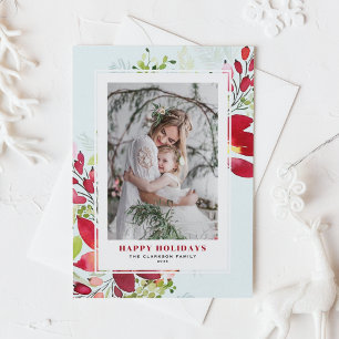 Red Watercolor Christmas Flowers Photo Holiday Card