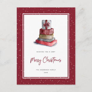 Red Watercolor Christmas Gifts Snow Holiday Postcard