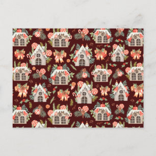 Red Watercolor Christmas Houses Seamless Pattern Postcard