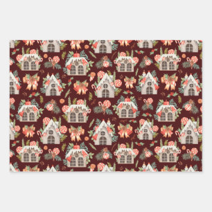 Red Watercolor Christmas Houses Seamless Pattern Wrapping Paper Sheet