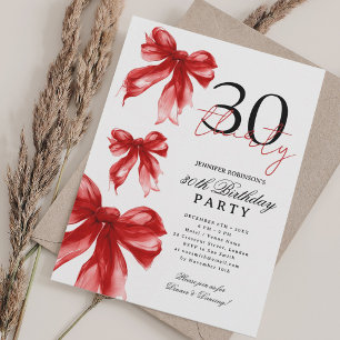 Red   Watercolor Coquette Bow 30th Birthday Party Invitation