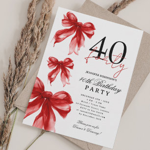 Red Watercolor Coquette Bow 40th Birthday Party Invitation