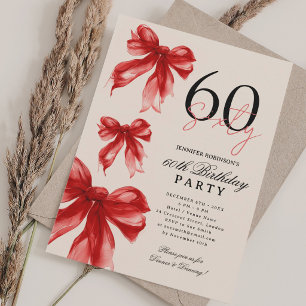 Red Watercolor Coquette Bow 60th Birthday Party Invitation