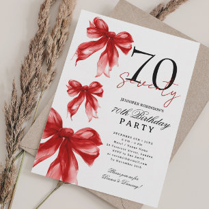 Red Watercolor Coquette Bow 70th Birthday Party Invitation