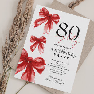 Red Watercolor Coquette Bow 80th Birthday  Invitation