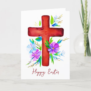 Red watercolor cross and flowers custom Easter Holiday Card