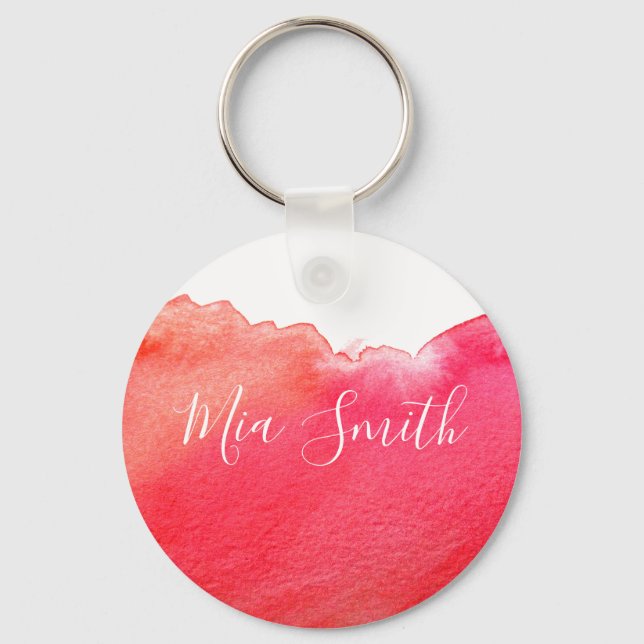 Red watercolor cute girl gift name key ring (Front)