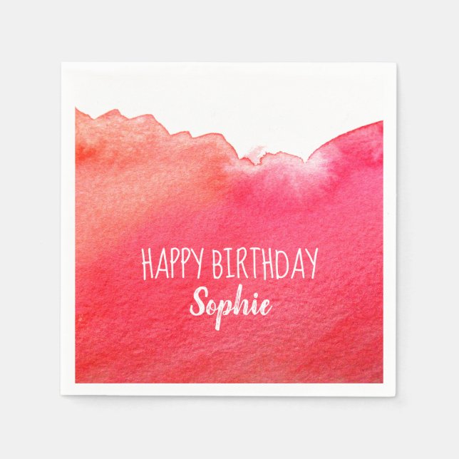 Red watercolor cute Happy Birthday personalised Napkin (Front)