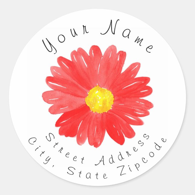 'Red Watercolor Daisy' Address Label (Front)