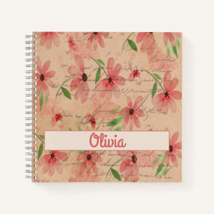 Red Watercolor Daisy Field Vintage Notebook